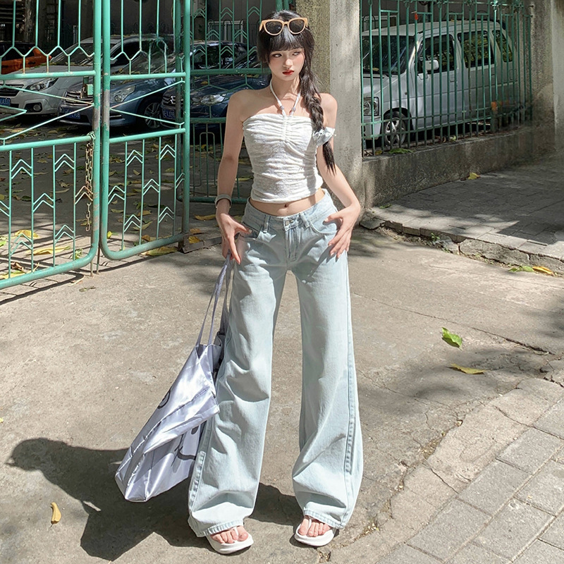 American-Style Light-Colored Washed Low-Waist Jeans for Women, 2026 Summer New Style, Loose Wide-Leg Pants, Floor-Length Pants