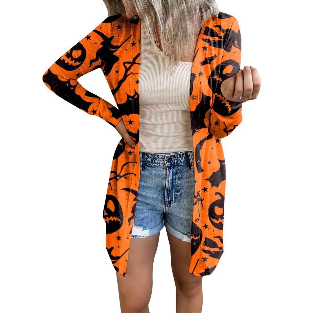 Women's Casual Pumpkin Cat Bat Printing Placket Coat display picture 8