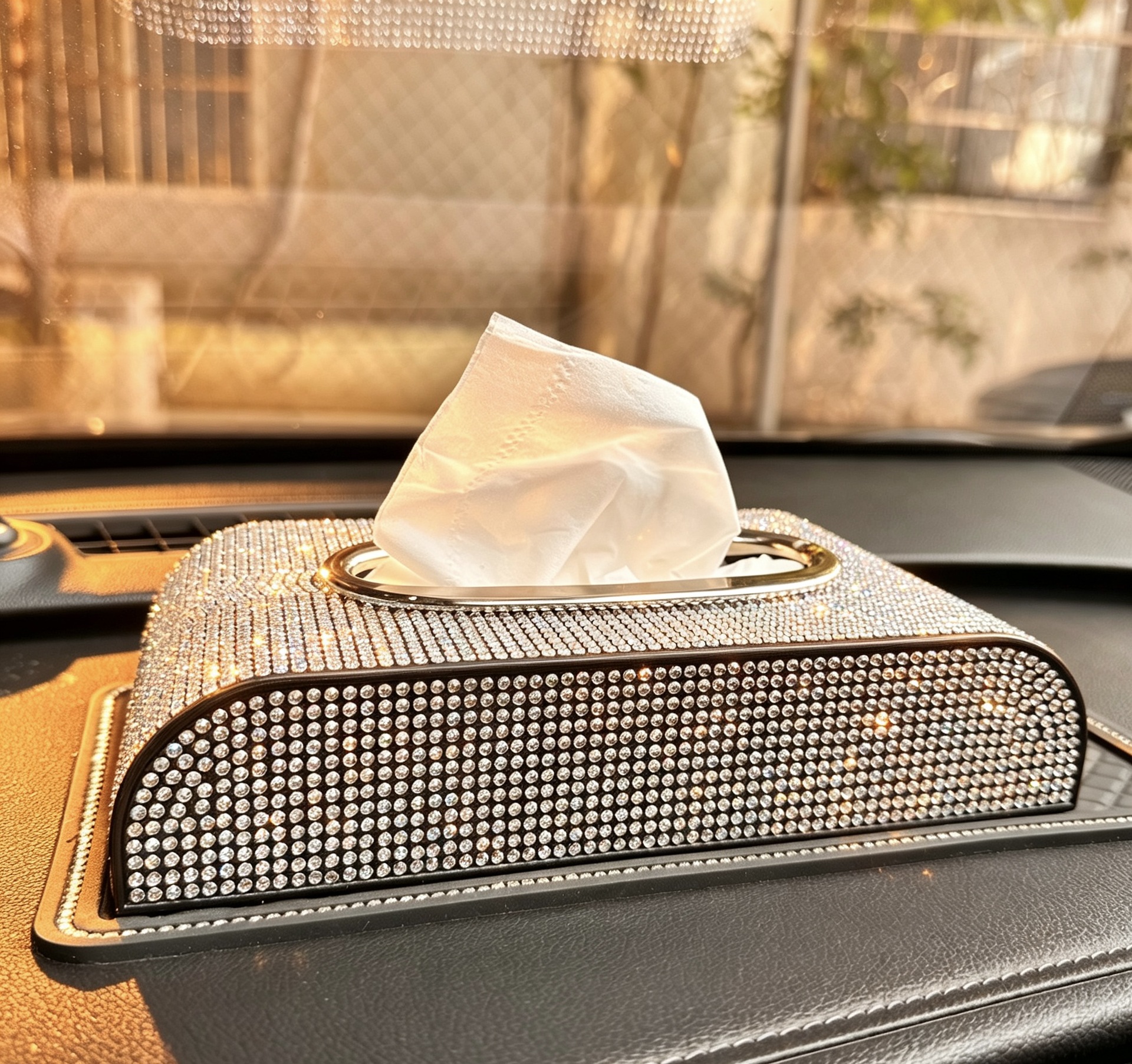 Diamond-Encrusted Car Tissue Box, Creative Car Interior Tissue Box, High-End Car Tissue Cover, Fashionable Decoration