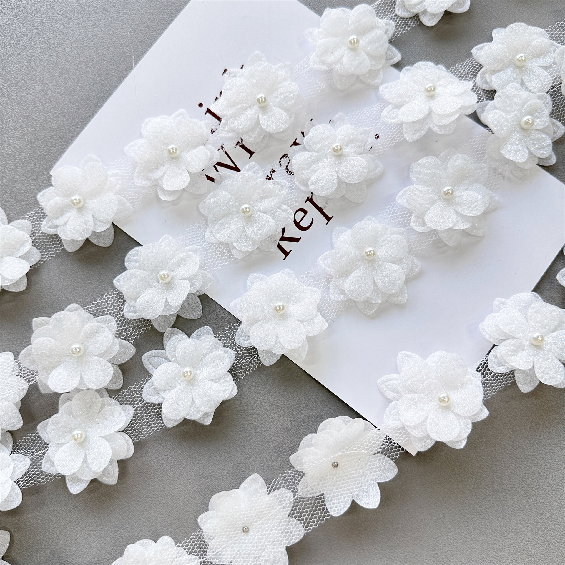 Encaje de Malla Bordado con Perlas, Poliéster, Decorativo, para Vestidos y Manualidades DIY
