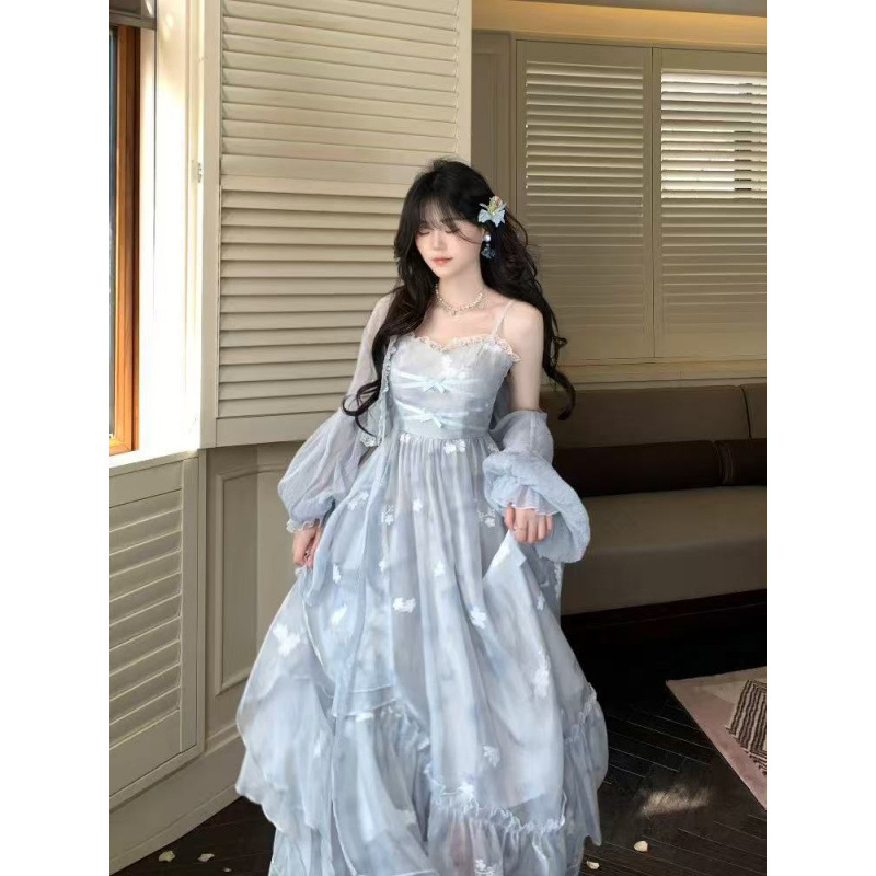 【两件套】挽汐辞甜美度假风不规则层次感显瘦吊带裙+灯笼袖开衫|undefined