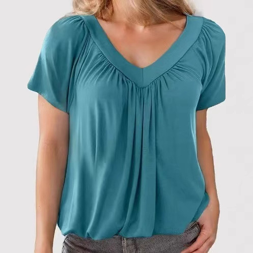 Cross-border Foreign Trade European And American Clothing T-shirt, New Casual Pleated Solid Color V-neck_ecoleips.com