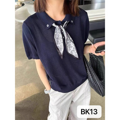 夏の若いファッショナブルなスウィートガールの女性用ニットポロシャツ半袖Tシャツ、スカーフ付き、通気性、高貴な気質、高級感
