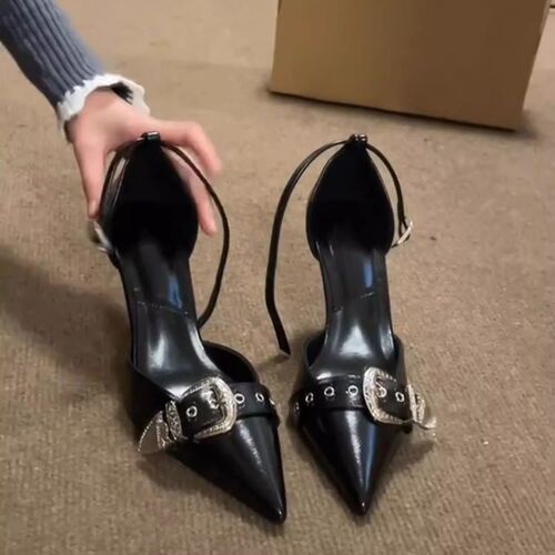 Bolts one-piece sandals 2025 height-increasing fashionable pointed toe thin heel covered sexy black punk wind-through hollow women's shoes