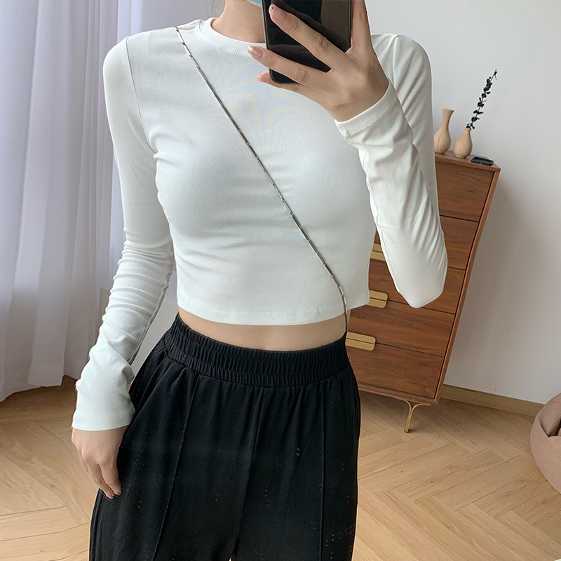 Camiseta corta de algodón puro de cintura alta para mujer, estilo nuevo de otoño 2026, top corto de manga larga, camiseta base ajustada. image 6