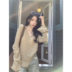 薄款小众V领开衫女打底衫春季修身宽松黑色内搭针织衫设计感上