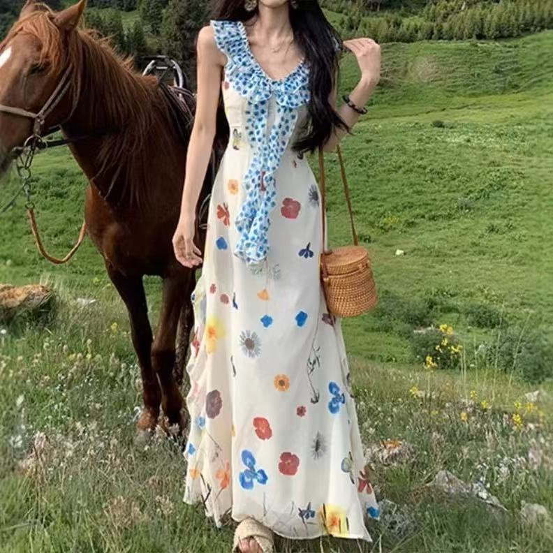 夏季度假风时尚休闲绝美修身长裙法式多巴胺碎花飞飞袖连衣裙子女|undefined