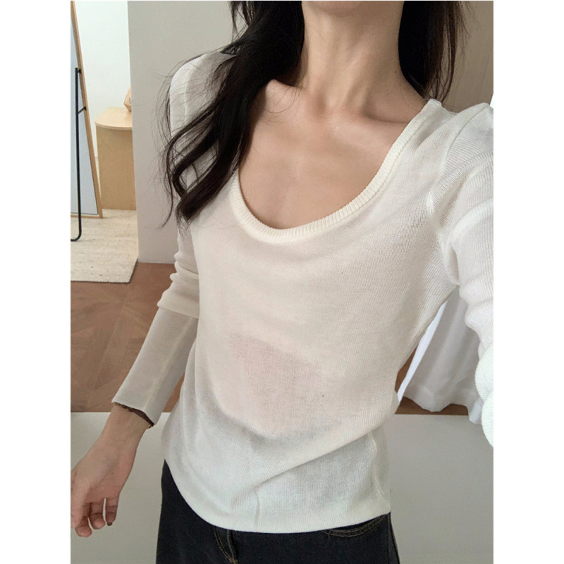 韩系u领简约修身显瘦弹力针织打底衫女秋冬新款气质内搭长袖上衣|undefined