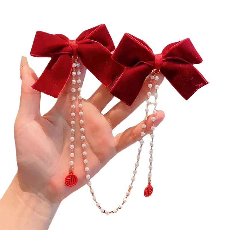 Children's hairgrip, pendant with bow with tassels, red hair accessory, Chinese style