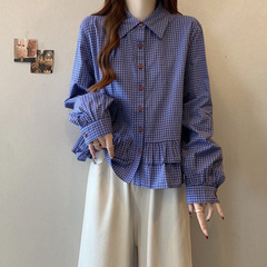 蓝色格子衬衫女装2025早春新款宽松显瘦甜美娃娃衫荷叶边下摆上衣