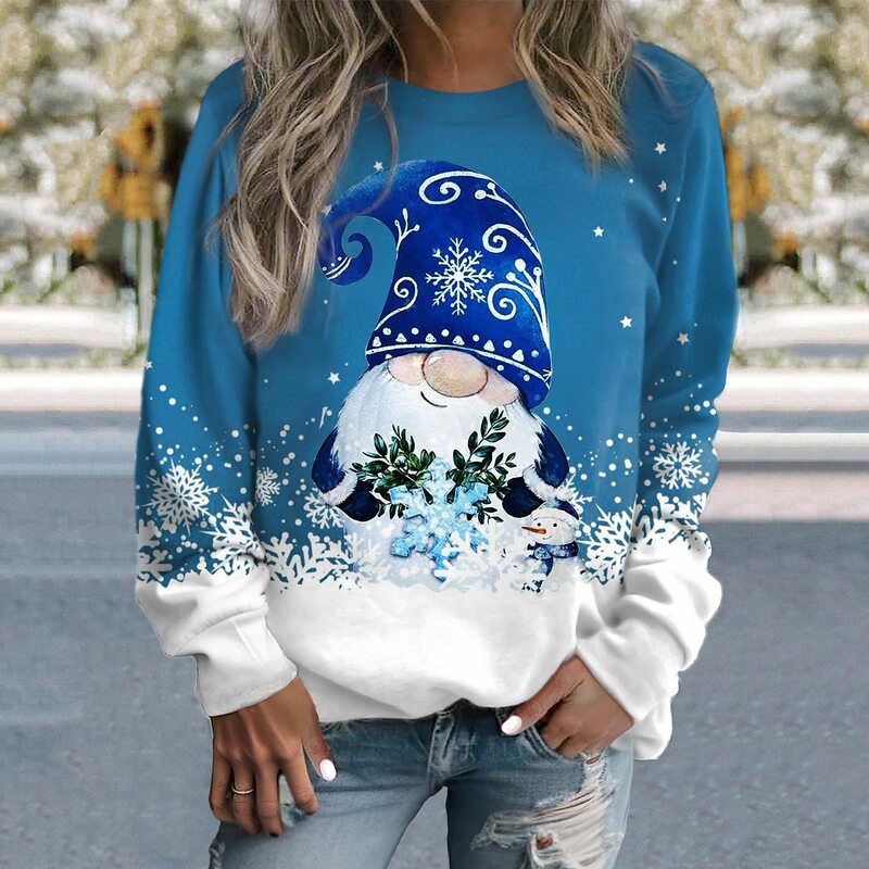 Custom women's pullover snowflake holiday pink blue casual sports round neck long sleeve top micro elastic autumn and winter Custom women's pullover snowflake holiday pink blue casual sports round neck long sleeve top micro elastic autumn and winter