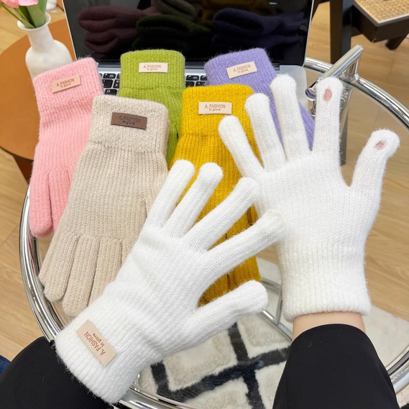 Guantes de lana de punto coreano para mujeres de invierno fría gruesa y color caramelo de veludo montar pantalla táctil cinco dedos