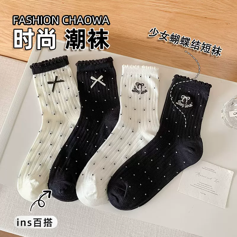 袜子女春夏薄款日系韩系小圆点可爱蝴蝶结刺绣饰品花边中筒堆堆袜