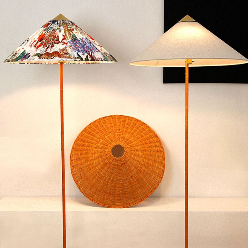 Retro Danish Living Room Standing Floor Lamp, French-Style Printed Study Room Bedroom Wabi-Sabi Style Rattan Floor Lamp