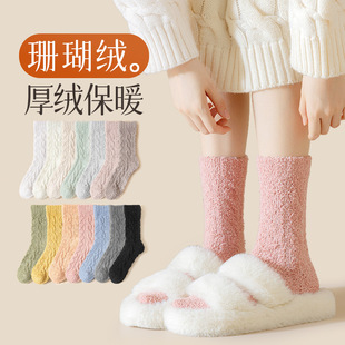 Coral fleece socks women's mid-calf autumn and winter warm confinement floor socks fleece-lined thick sleep socks mid-calf no lint