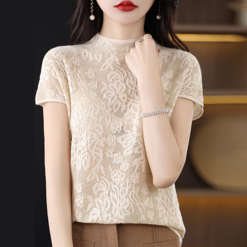 Inner base summer short-sleeved turtleneck women's top half sweater wool thin loose design T-shirt 2023