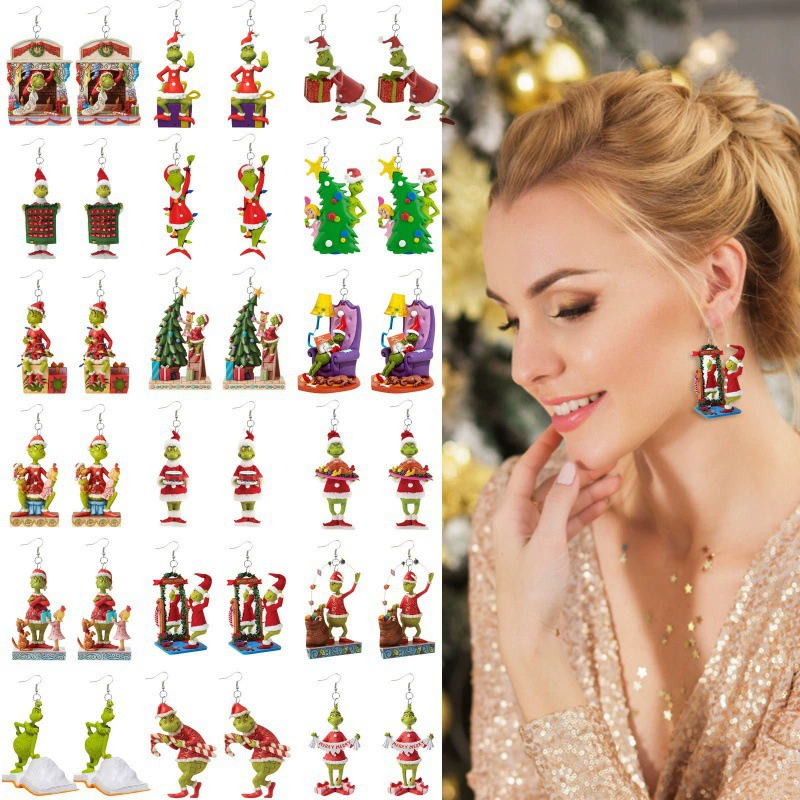 Европейские и американские трансграничные рождественские креативные странные серьги из зеленого меха Гринч, акриловые Мультяшные ювелирные серьги