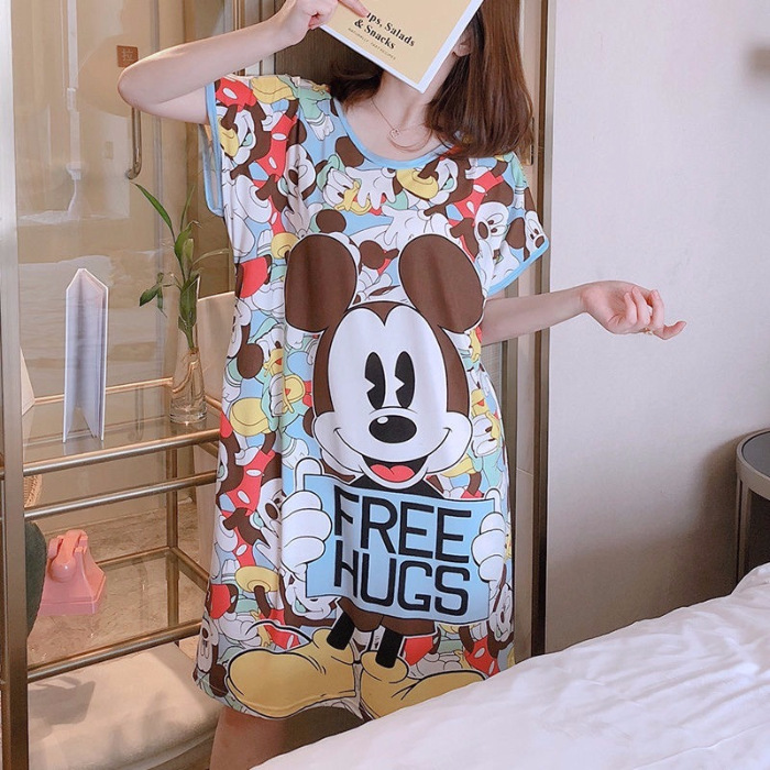 Camisón de manga corta de verano de dibujos animados dulce falda cultural delgada suelta más pijamas de tamaño vestido de mujer ropa para el hogar Comercio exterior