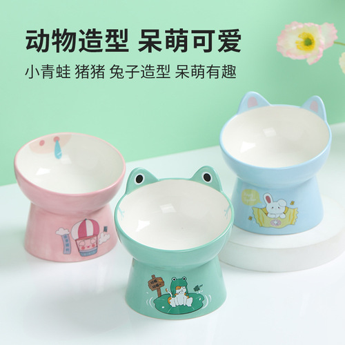 Frog Tall Ceramic Pet Bowl Piggy Increased Neck Protector Oblique Mouth Cat Bowl Cartoon Rabbit Puppy Bowl Wholesale