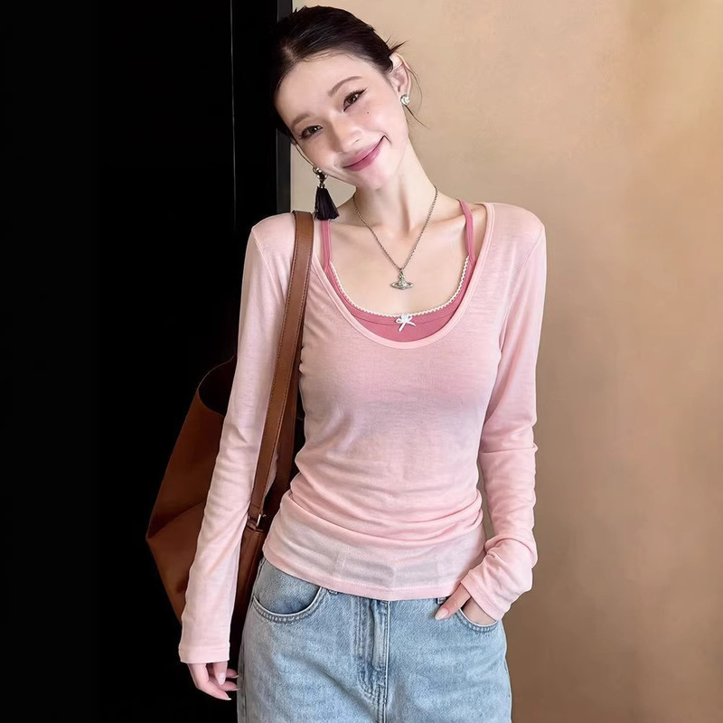Korean-Style Beautiful Design Layered Two-Piece Top for Women, Early Spring, Petite Pink U-Neck Long-Sleeve T-Shirt Cover-Up Korean-Style Beautiful Design Layered Two-Piece Top for Women, Early Spring, Petite Pink U-Neck Long-Sleeve T-Shirt Cover-Up