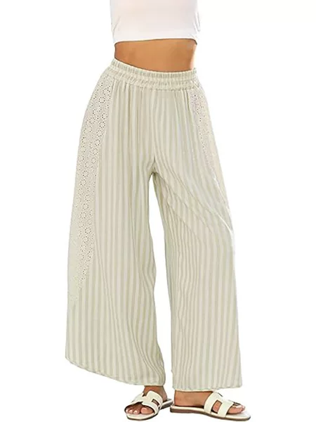 2026 Women's Amazon Striped Lace Casual Loose Pants Elastic Waist Striped Wide-Leg Sports Pants Nine-Quarter Pants