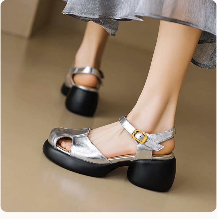 Sandal cao gót nữ bít mũi da cừu gót thô kiểu La Mã đế dày quai ngang — Màu trắng be chi tiết 11