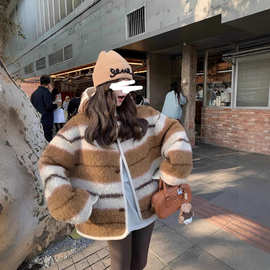 韩版复古条纹连帽卷卷仿羊羔毛毛外套女冬季松弛毛呢上衣G1680