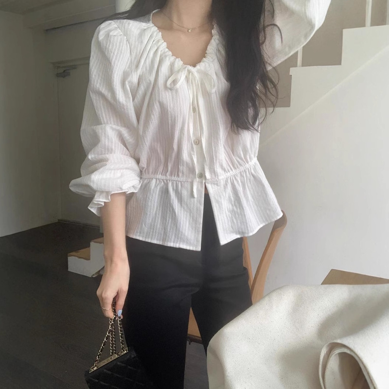 Size Update Korean Chic Spring Single-Breasted Strap Long-Sleeved Lace Shirt Women's New Style