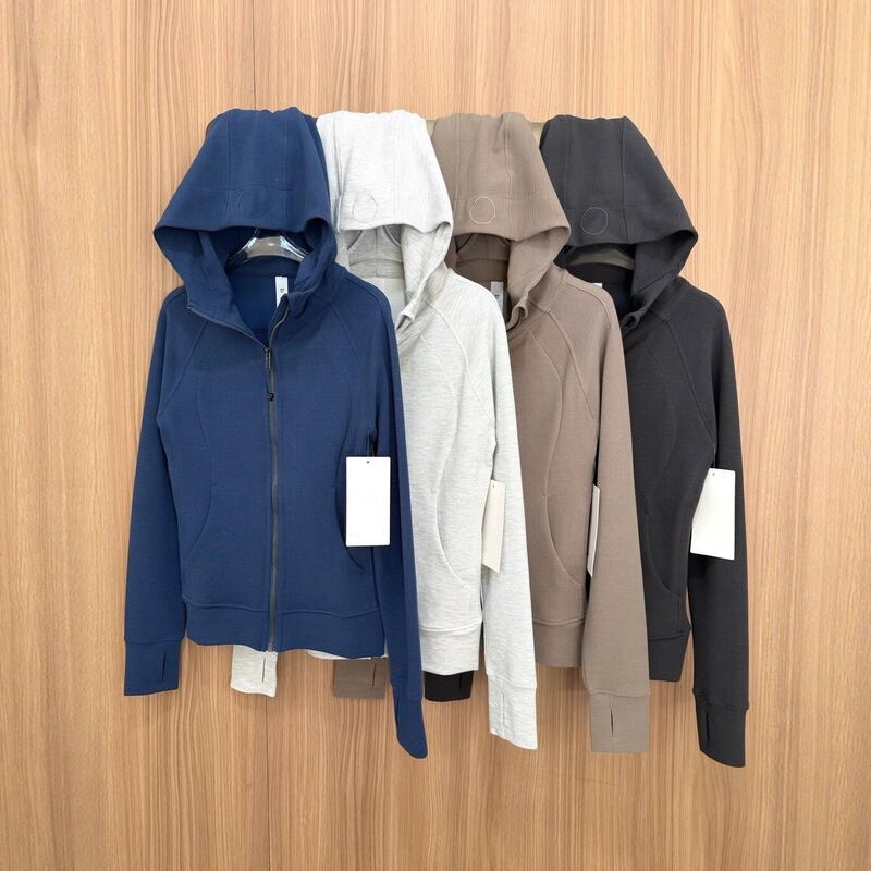High-end LULU waffle knit slim-fit sweatshirt Scuba warm brown-grey slimming full-zip hoodie sports jacket