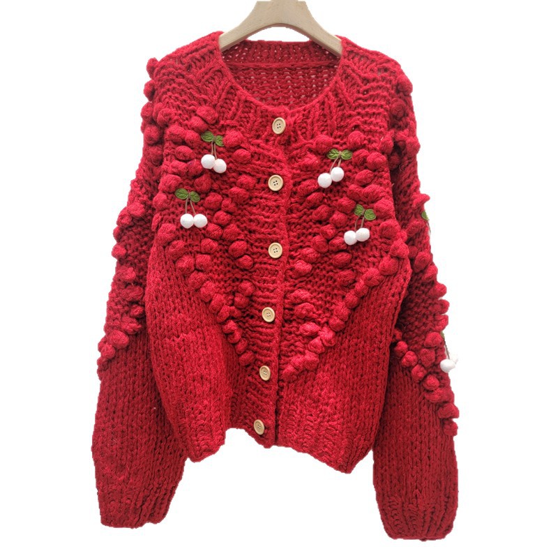 El viento dulce francés decoración de cereza de punto rojo Cardigan mujeres invierno 2025 nuevo suéter temperamento glutinoso suave abrigo