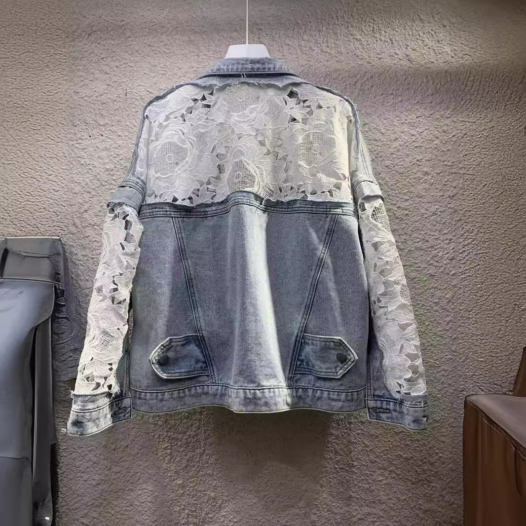 Sheer Embroidered Denim Jacket – Oversized Cropped Style With Lace Trim & UV Protection (S-XL, Light Wash, Casual-Chic Layering Essential)_mkmklike.com