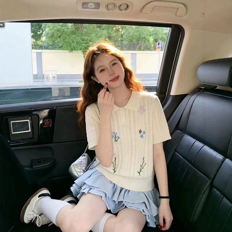 Korean-Style Sweet Embroidered Polo Knit Shirt for Women, Summer Design, Niche Short-Sleeve Top in Apricot Color Korean-Style Sweet Embroidered Polo Knit Shirt for Women, Summer Design, Niche Short-Sleeve Top in Apricot Color