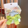 Green set with bow, floral print, 2 pieces
