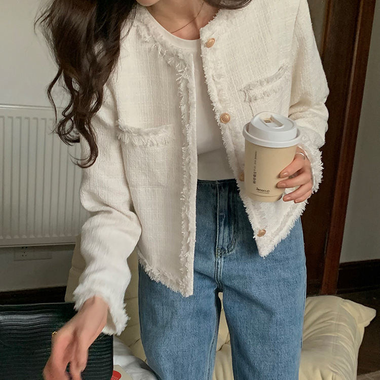 Early autumn French socialite Chanel style short coat women's small Korean style tweed frayed temperament suit