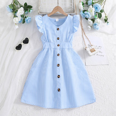 New 2024 Summer A-Grade Fashion Korean Style Simple Ins Wind Blue Striped Dress with Sleeveless Design for Girls