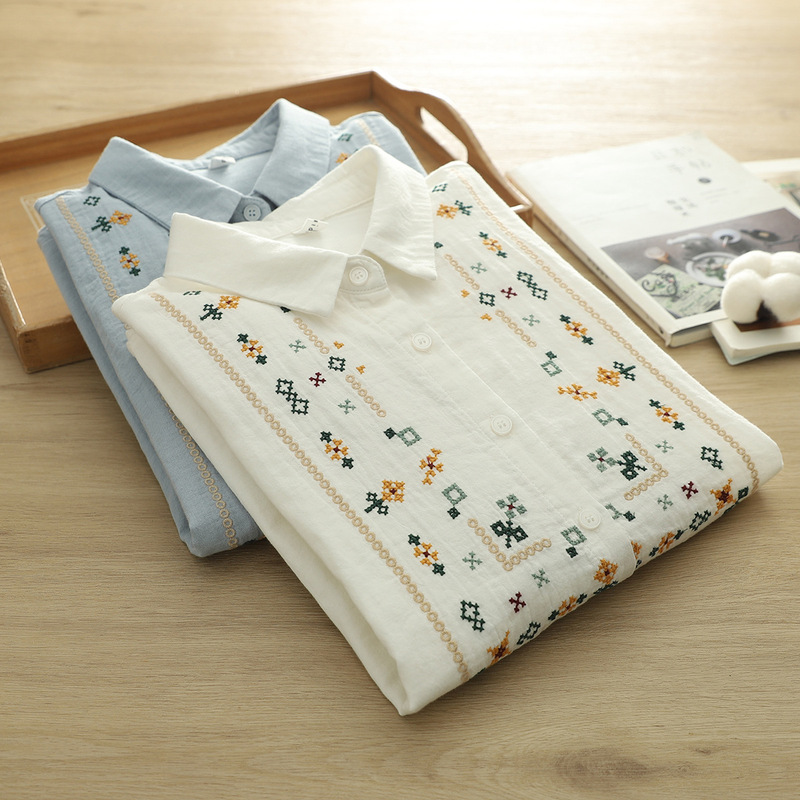 2049 Guofeng Square Cross-stitch Cotton Yarn Shirt Women's 2025 Spring New Arrival Embroidered All-match Shirt Top