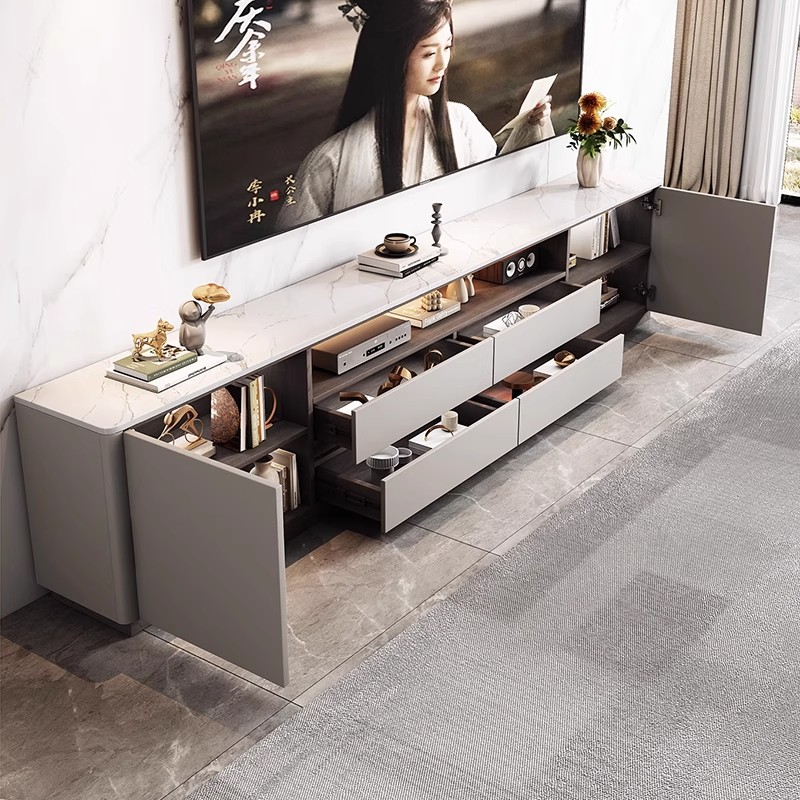 ♔ Rounded Corner Tv Cabinet 2025 New Model Integrated Storage Cabinet Solid Wood Slate Living Room Home Tv Cabinet