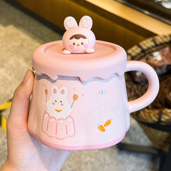 Creative Couple Ceramic Water Cup with Lid, Cute and High-Quality, Suitable for Home, Breakfast, Milk, and Coffee