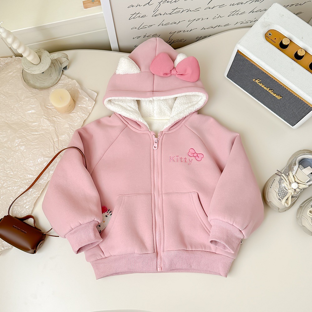 Xianning siete ropa para niños 24 invierno nuevo abrigo para niños niñas lindo ktcat bordado con capucha más chaqueta de suéter de terciopelo