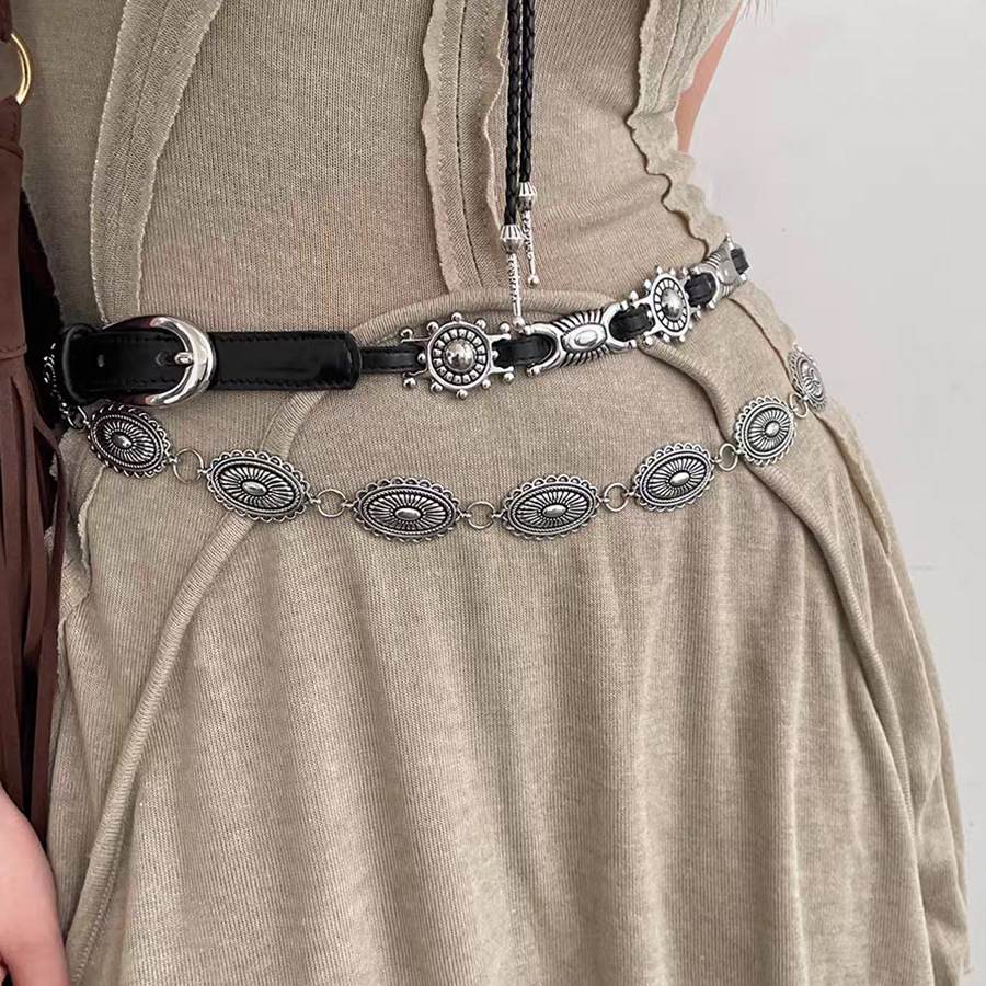 2024 Neuer amerikanischer Mode-Retro-Taillengürtel mit geschnitztem geometrischem elliptischen Gürtel, lässiger, vielseitiger Jeansgürtel im Y2K-Stil, einzigartiges Designgefühl aus Metall_voghion.com