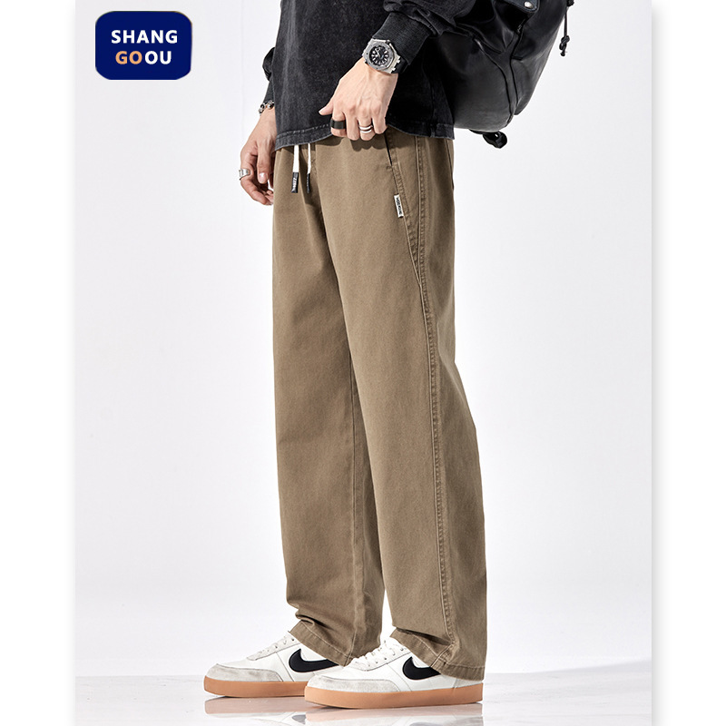 Shanggu men's khaki cotton pants men's fashion brand loose straight pants retro cotton men's casual pants Shanggu men's khaki cotton pants men's fashion brand loose straight pants retro cotton men's casual pants