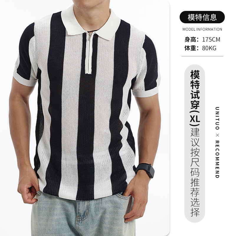 Europa y los Estados Unidos transfronterizos para hombres colores contrastantes rayas verticales jersey polo seda de hielo semia cremallera collar manga corta hombre de negocios casual