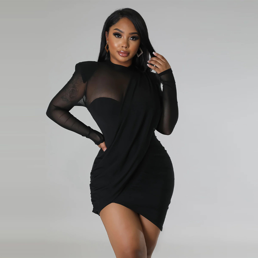 Women Mesh Stitching See-through Patch Waist Dress 15 Women Mesh Stitching See-through Patch Waist Dress