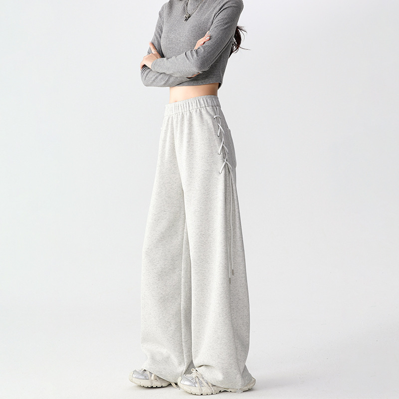 White and gray drawstring sports pants for women, autumn 2026 new style, loose casual slimming wide-leg pants for petite individuals White and gray drawstring sports pants for women, autumn 2026 new style, loose casual slimming wide-leg pants for petite individuals