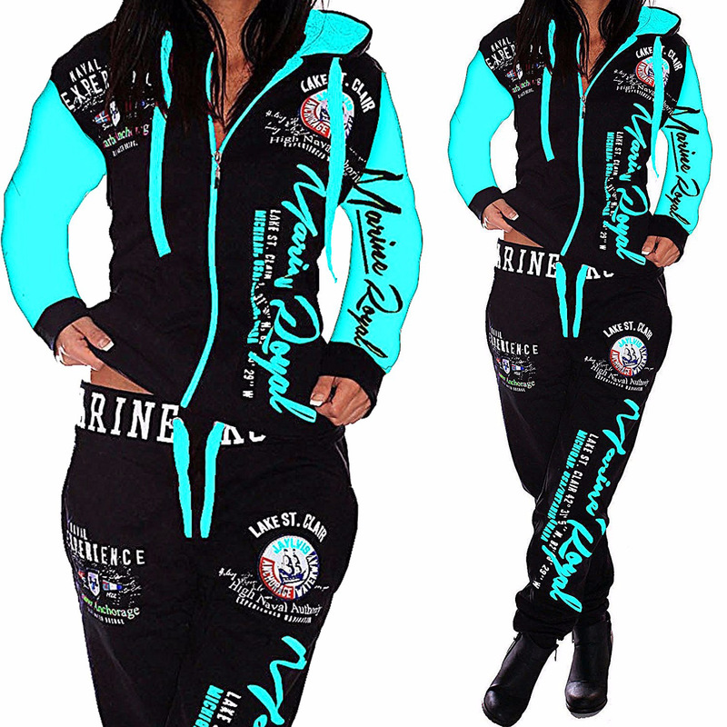Sports and leisure suit美式印花字体接链长袖连帽长裤女士套装|undefined