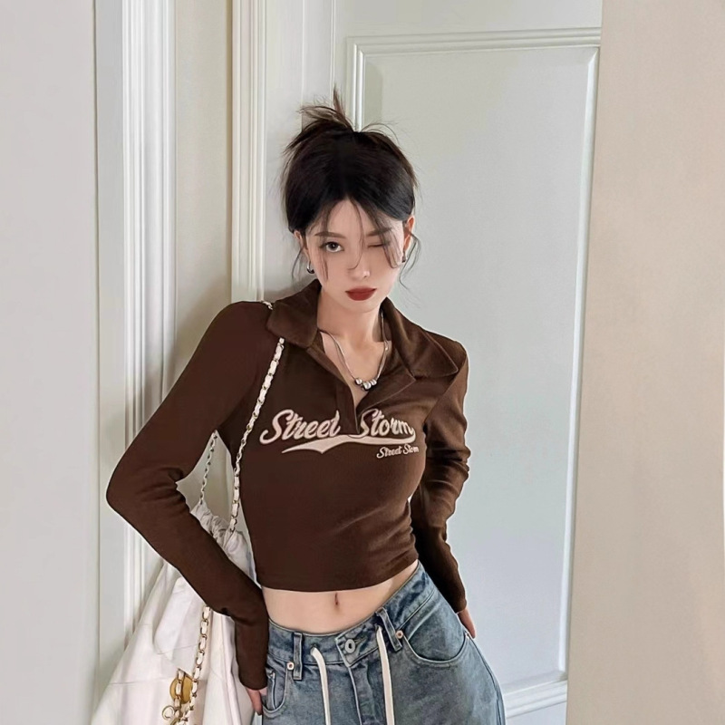 美式复古紧身长袖T恤女辣妹高腰露脐内搭修身显瘦短款上衣打底衫|undefined