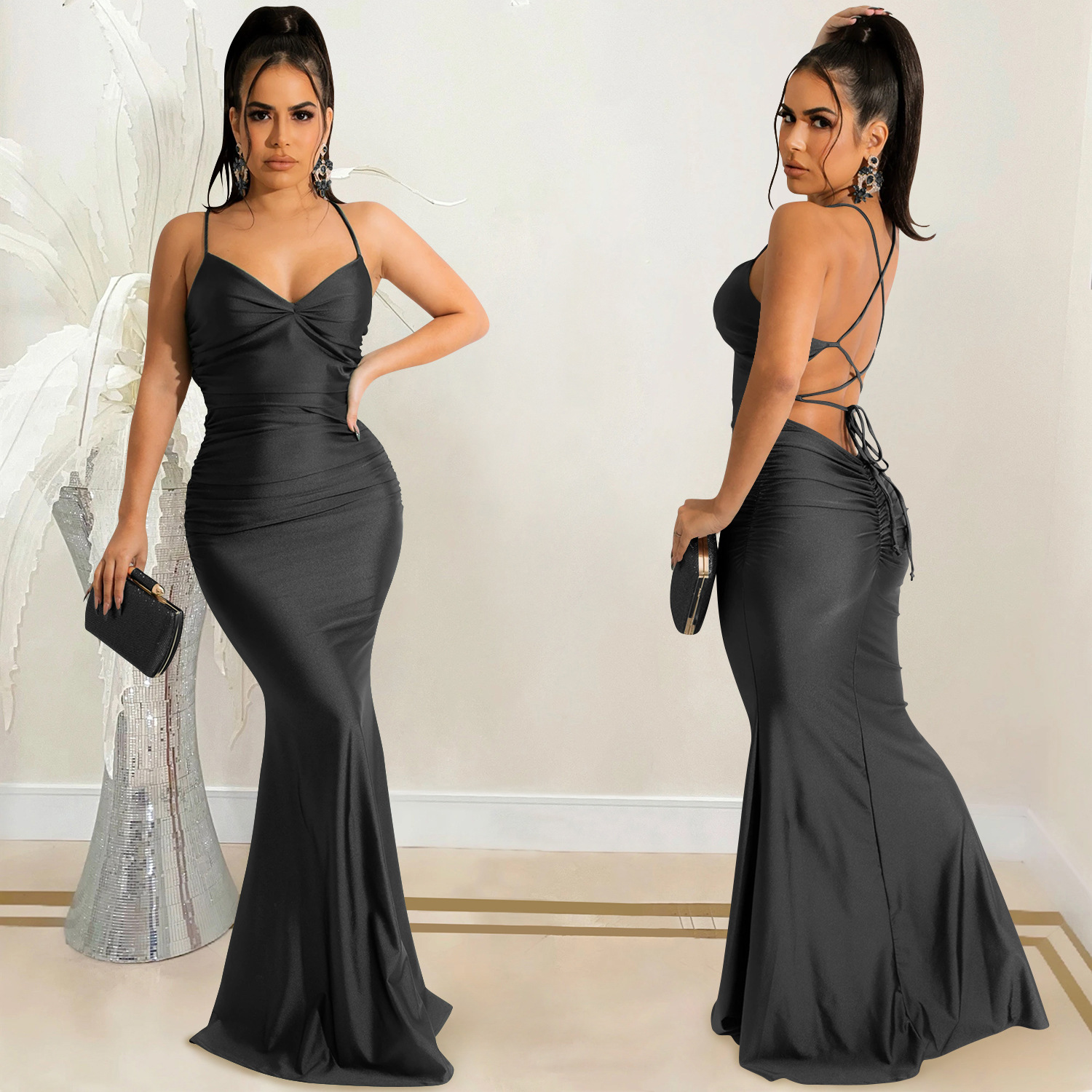 X5617 transfronteriza AliExpress Amazon color sólido sexy Sling envuelto pecho sin espalda vestido de encaje vestido apretado