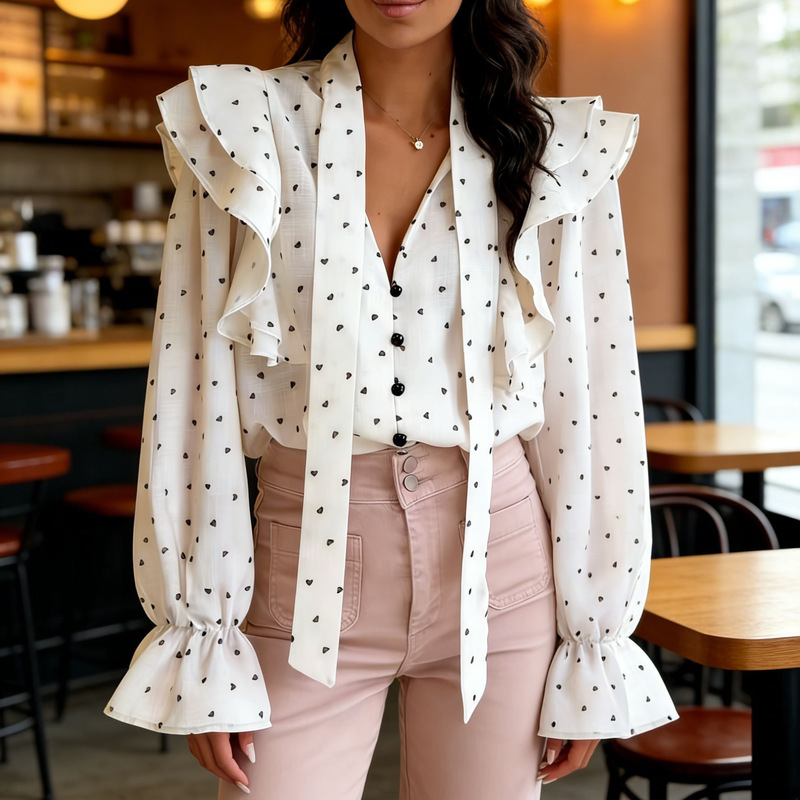European and American Cross-Border Trade French-Style High-End Ruffled Polka Dot Long-Sleeve Shirt for Women, Spring and Autumn Bowknot Shirt
