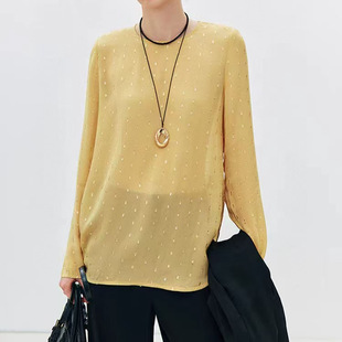 Imported gold silk cut flower romantic commuter round neck long sleeve translucent silk jacquard top