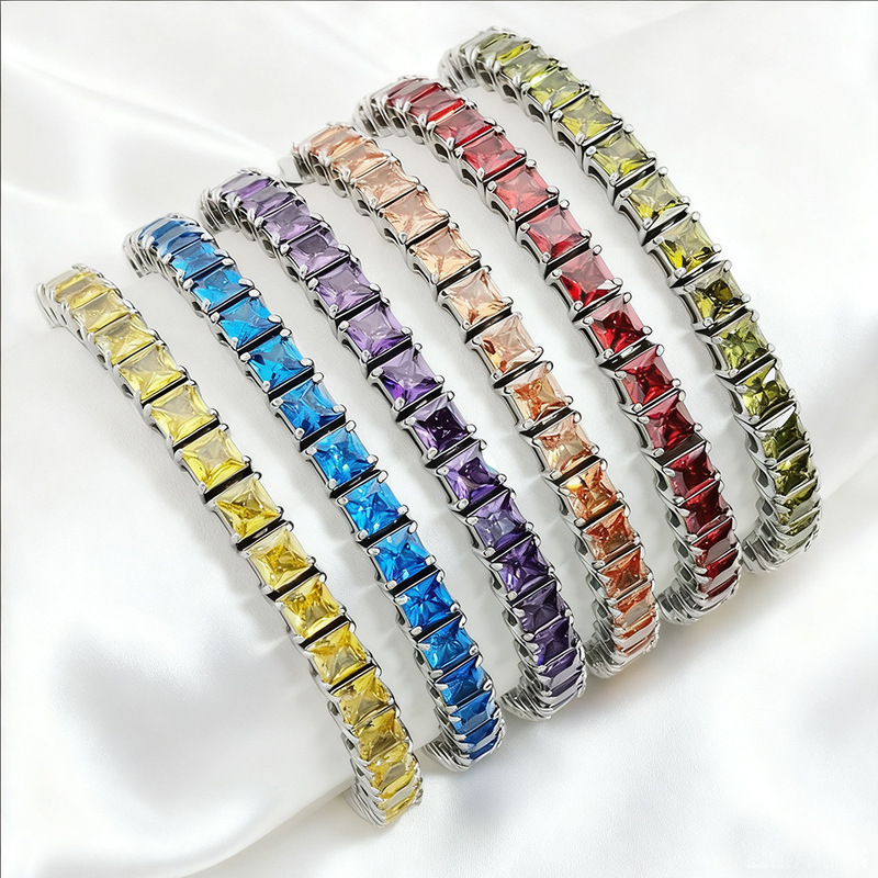 Cross-border European and American fashion Joker square single row full diamond tennis chain color zircon square tennis bracelet crystal